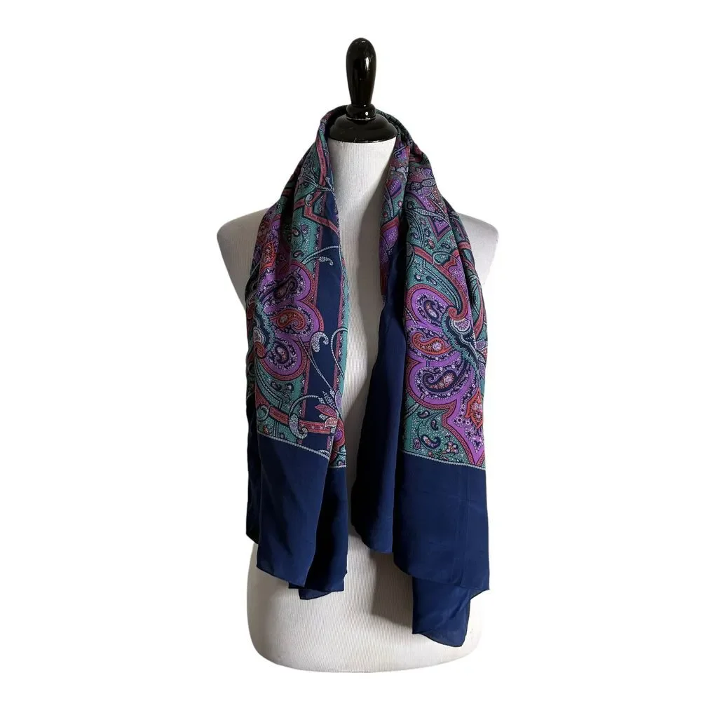 Vintage Silk Womens 100% Silk Scarf JENAST Paris Floral Paisley‎ Statement Wrap